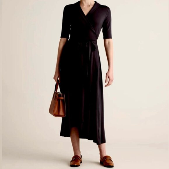 NWT Quince Tencel Jersey Midi Wrap Dress Black Size Large